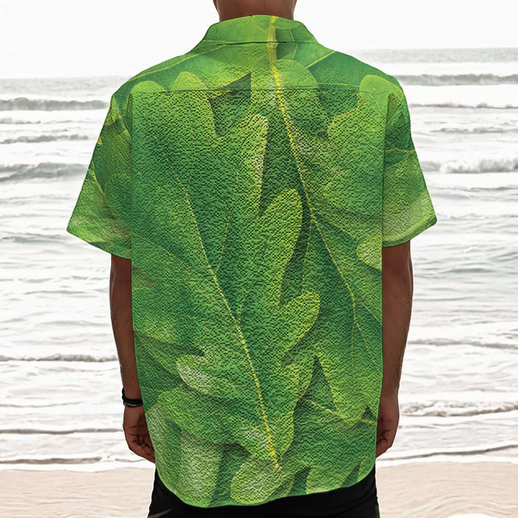Green Oak Leaf Print Textured Short Sleeve Shirt