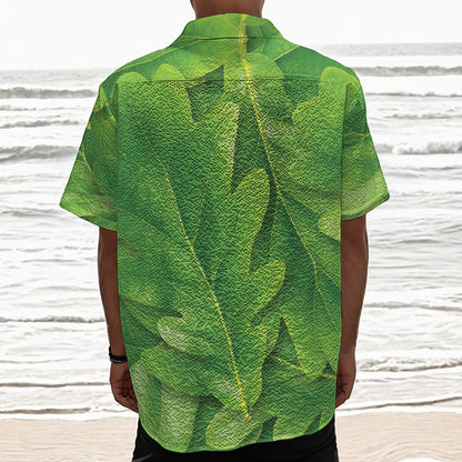 Green Oak Leaf Print Textured Short Sleeve Shirt