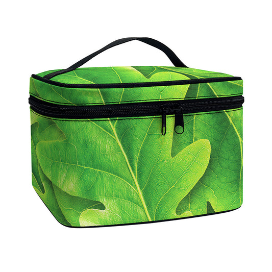 Green Oak Leaf Print Travel Makeup Bag