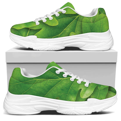 Green Oak Leaf Print White Chunky Shoes