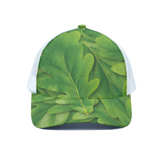 Green Oak Leaf Print White Mesh Trucker Cap