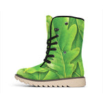 Green Oak Leaf Print Winter Boots