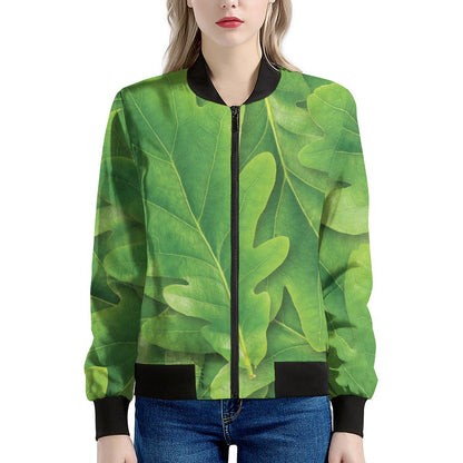 Green Oak Leaf Print Women's Bomber Jacket