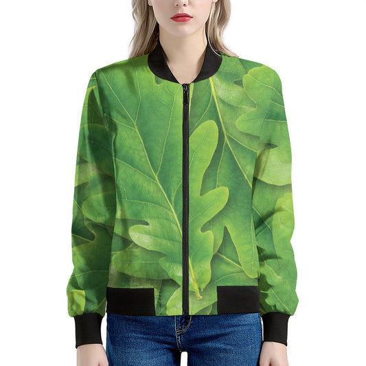 Green Oak Leaf Print Women's Bomber Jacket