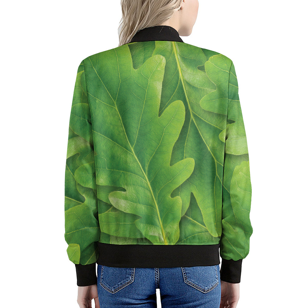 Green Oak Leaf Print Women's Bomber Jacket