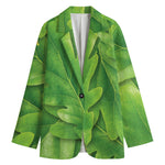 Green Oak Leaf Print Women's Cotton Blazer