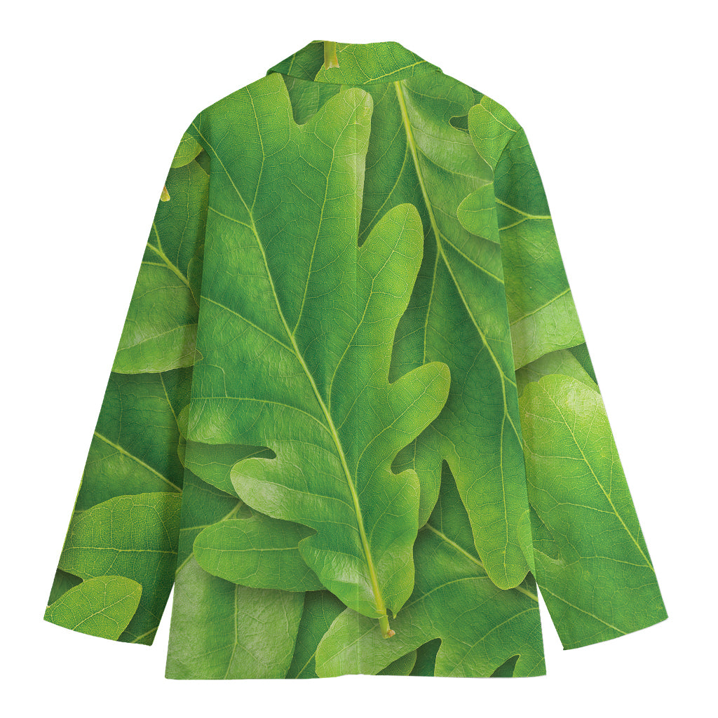 Green Oak Leaf Print Women's Cotton Blazer