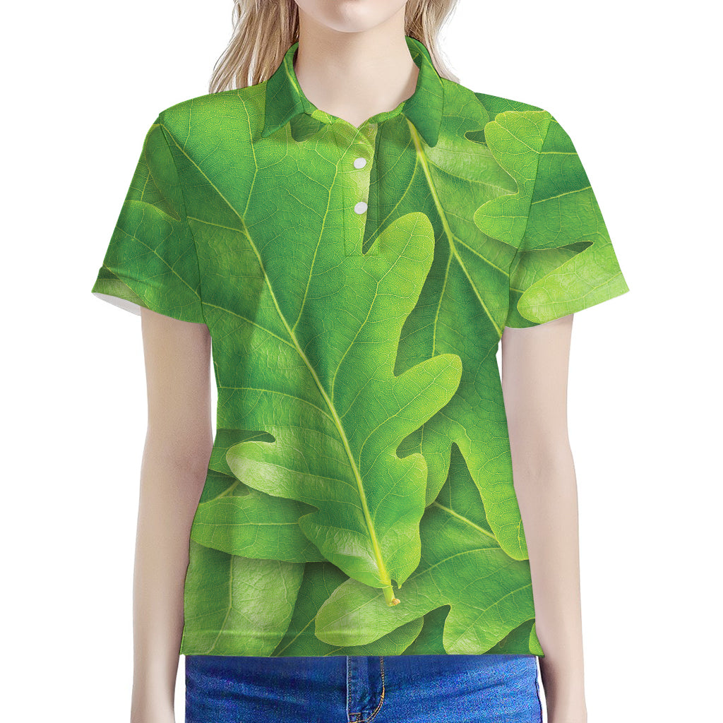 Green Oak Leaf Print Women's Polo Shirt