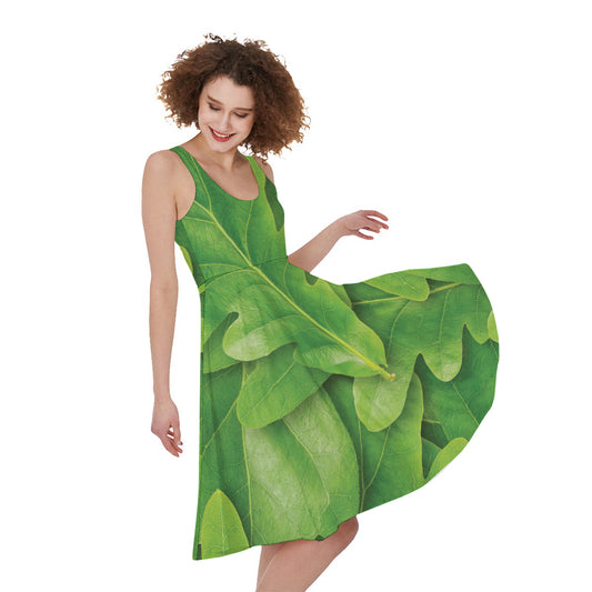 Green Oak Leaf Print Women's Sleeveless Dress