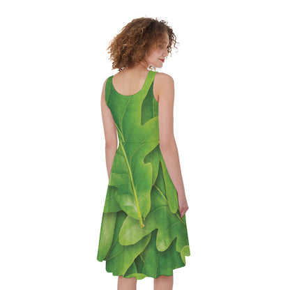 Green Oak Leaf Print Women's Sleeveless Dress