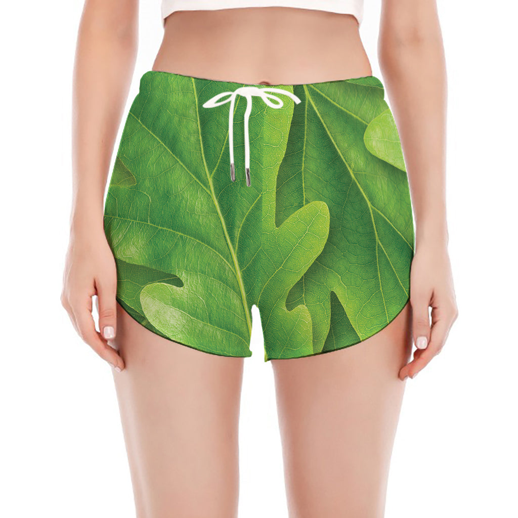 Green Oak Leaf Print Women's Split Running Shorts