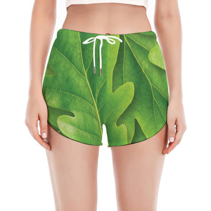 Green Oak Leaf Print Women's Split Running Shorts