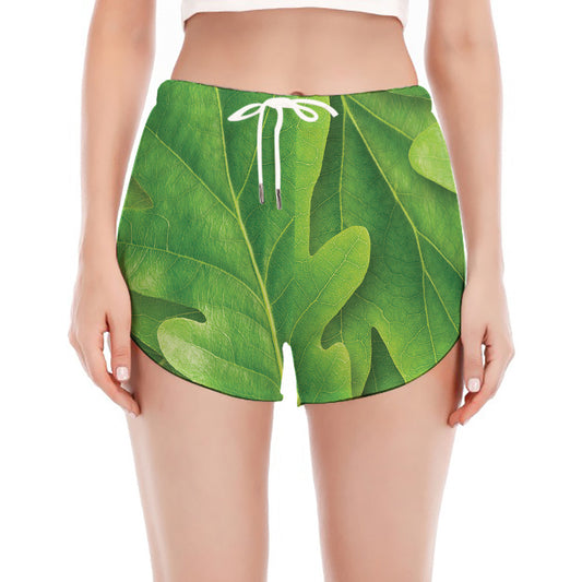 Green Oak Leaf Print Women's Split Running Shorts