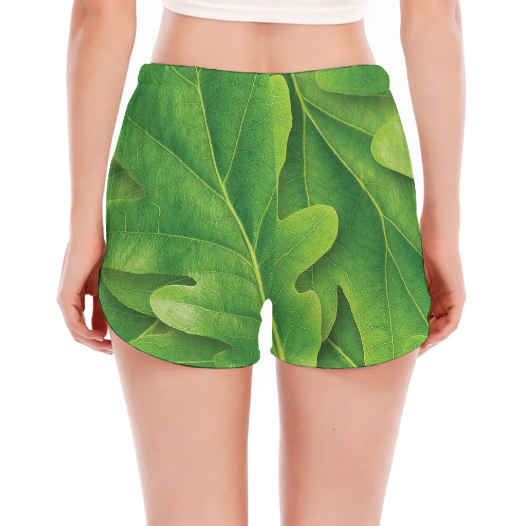 Green Oak Leaf Print Women's Split Running Shorts