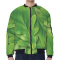 Green Oak Leaf Print Zip Sleeve Bomber Jacket
