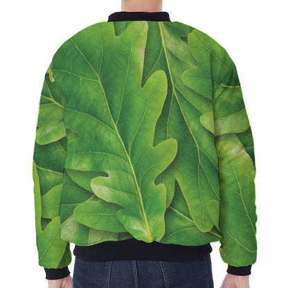 Green Oak Leaf Print Zip Sleeve Bomber Jacket