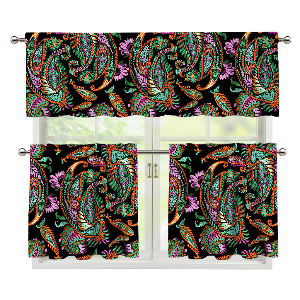 Green Orange And Pink Paisley Print 3 Piece Kitchen Curtains