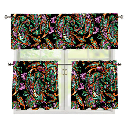 Green Orange And Pink Paisley Print 3 Piece Kitchen Curtains