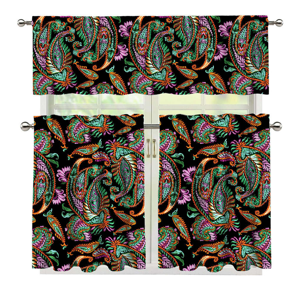 Green Orange And Pink Paisley Print 3 Piece Kitchen Curtains