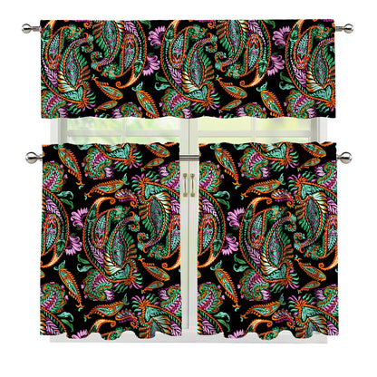 Green Orange And Pink Paisley Print 3 Piece Kitchen Curtains