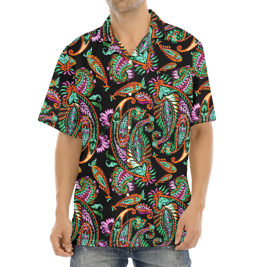 Green Orange And Pink Paisley Print Aloha Shirt