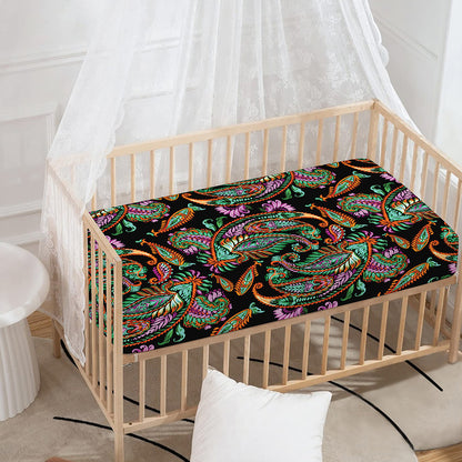 Green Orange And Pink Paisley Print Baby Crib Sheet