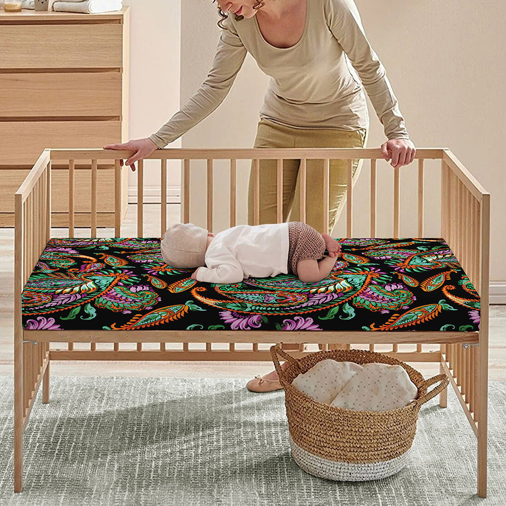 Green Orange And Pink Paisley Print Baby Crib Sheet