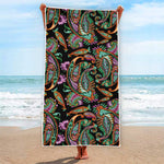Green Orange And Pink Paisley Print Beach Towel