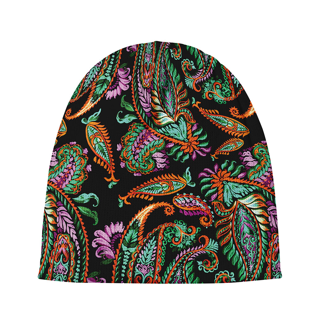 Green Orange And Pink Paisley Print Beanie