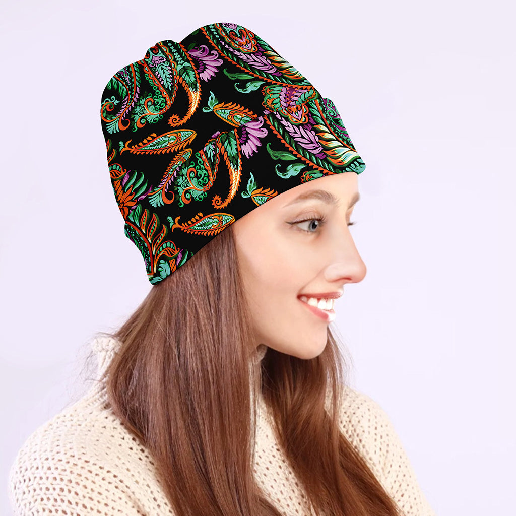 Green Orange And Pink Paisley Print Beanie
