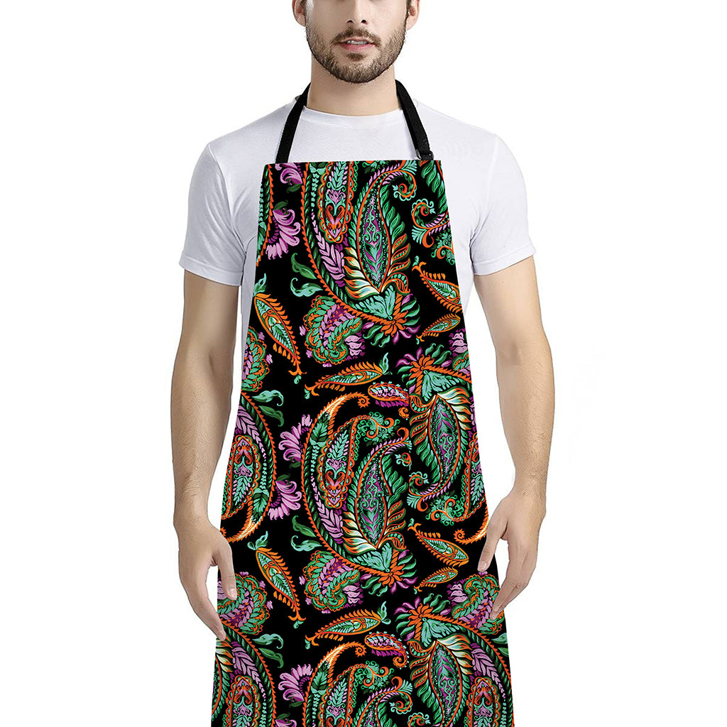 Green Orange And Pink Paisley Print Bib Apron With Pocket