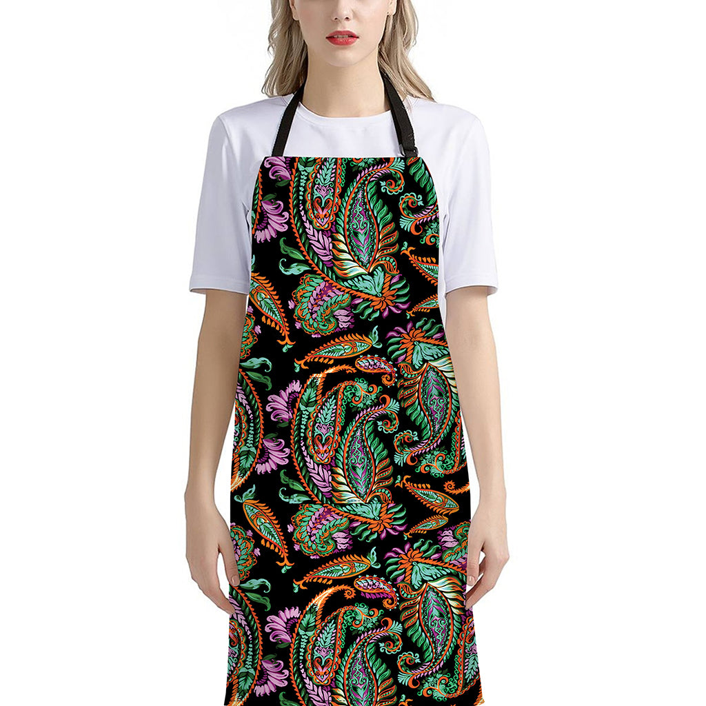 Green Orange And Pink Paisley Print Bib Apron With Pocket