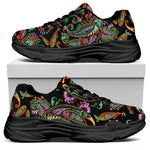 Green Orange And Pink Paisley Print Black Chunky Shoes
