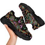Green Orange And Pink Paisley Print Black Chunky Shoes