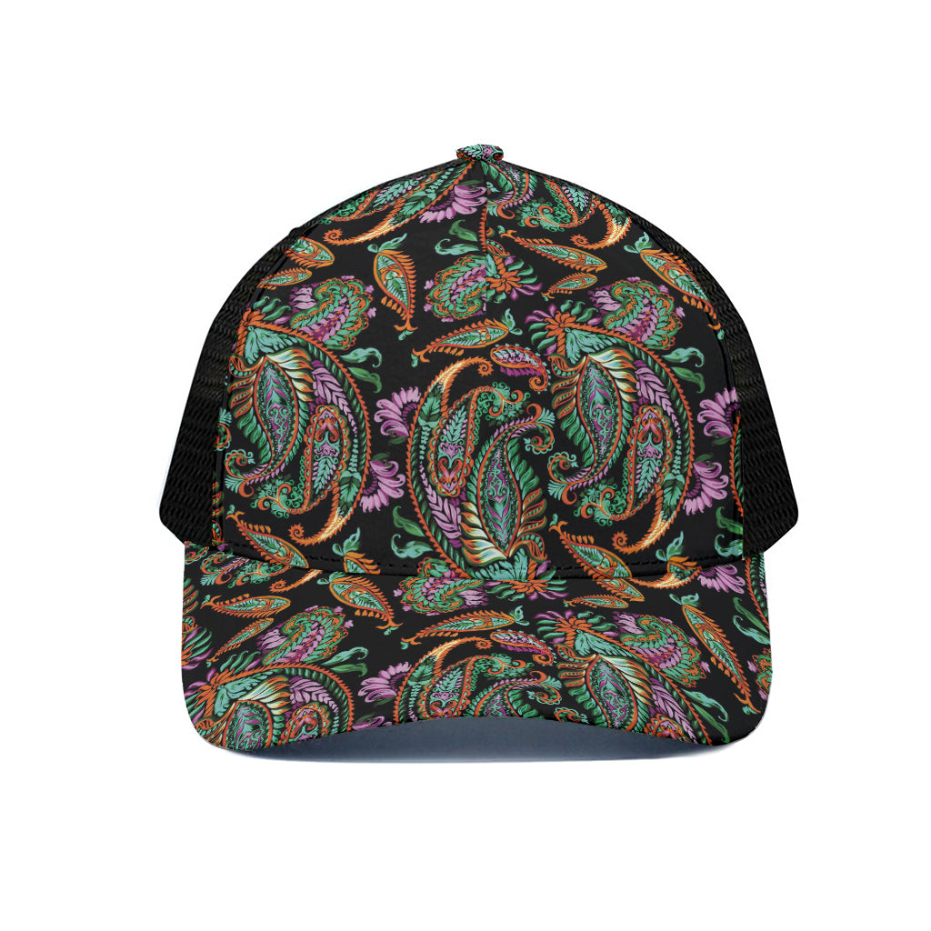 Green Orange And Pink Paisley Print Black Mesh Trucker Cap