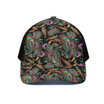 Green Orange And Pink Paisley Print Black Mesh Trucker Cap