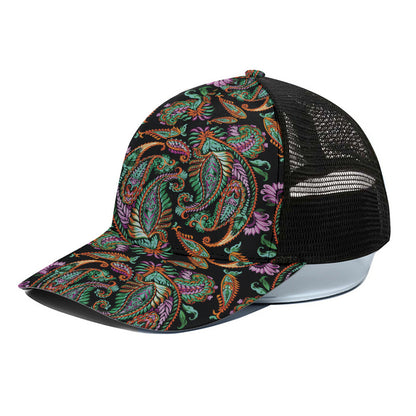 Green Orange And Pink Paisley Print Black Mesh Trucker Cap