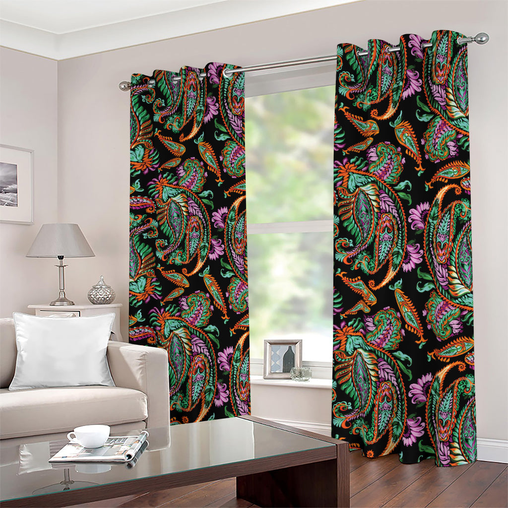 Green Orange And Pink Paisley Print Blackout Grommet Curtains