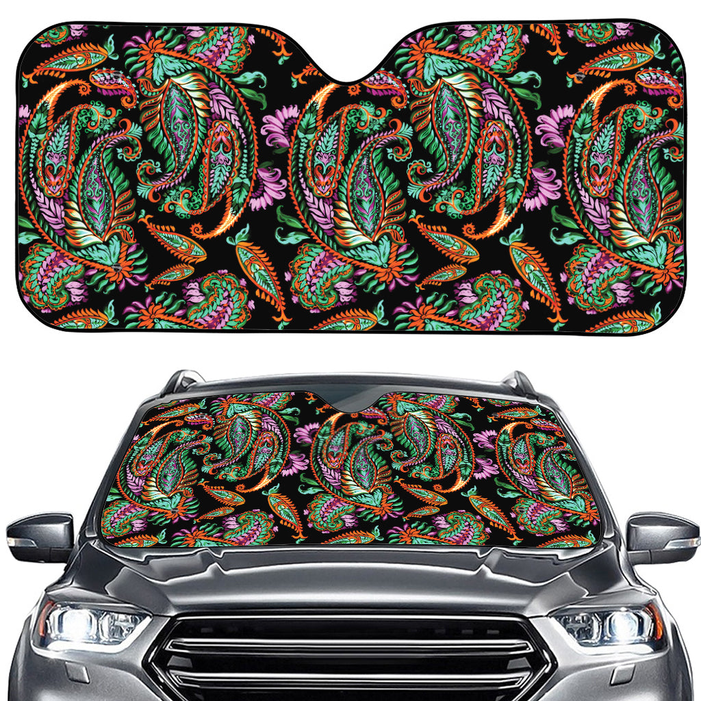 Green Orange And Pink Paisley Print Car Windshield Sun Shade