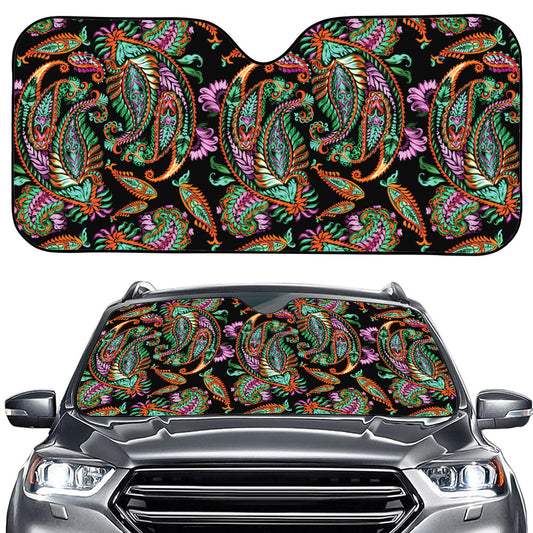 Green Orange And Pink Paisley Print Car Windshield Sun Shade