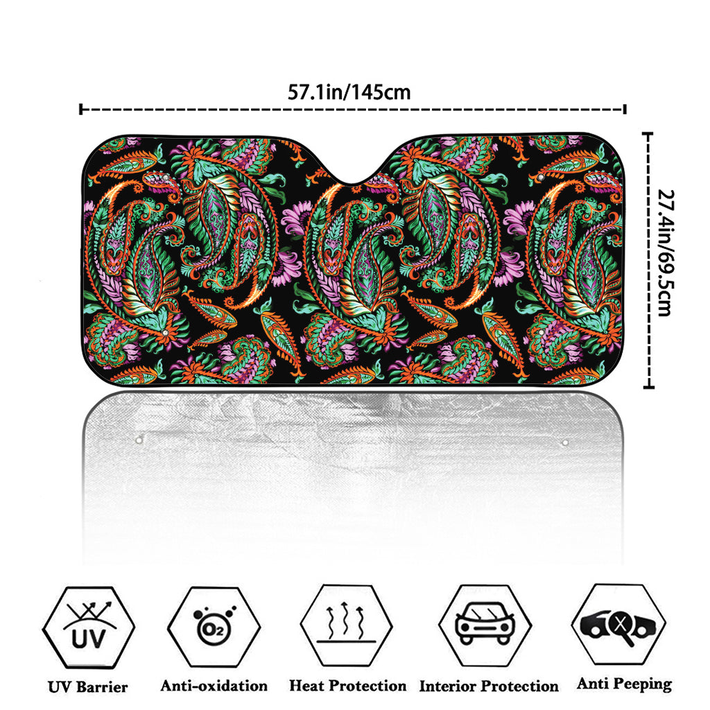 Green Orange And Pink Paisley Print Car Windshield Sun Shade