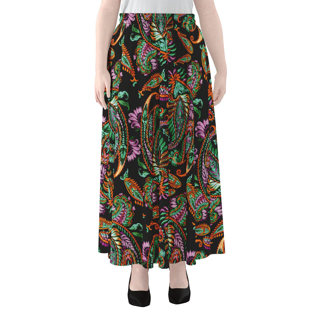 Green Orange And Pink Paisley Print Chiffon Maxi Skirt
