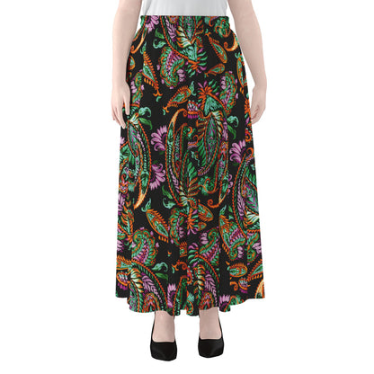 Green Orange And Pink Paisley Print Chiffon Maxi Skirt