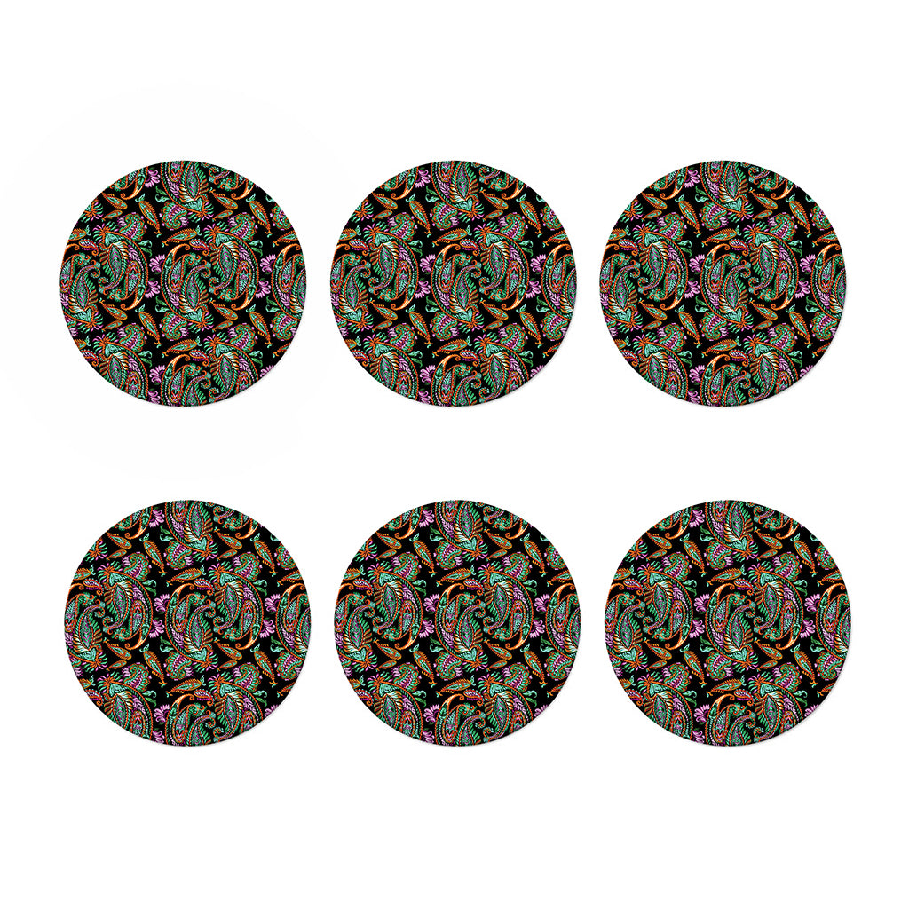 Green Orange And Pink Paisley Print Coaster Set