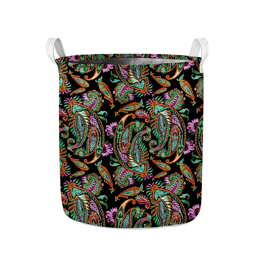 Green Orange And Pink Paisley Print Collapsible Laundry Basket