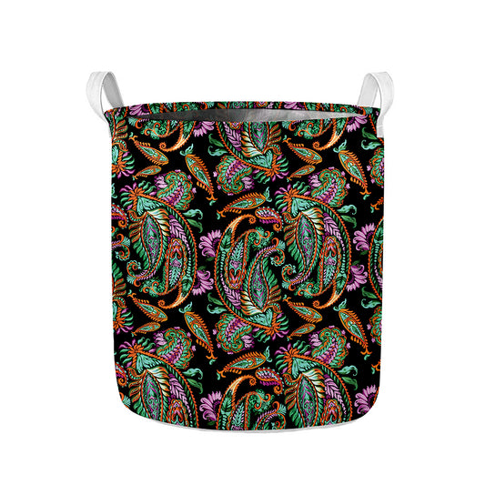 Green Orange And Pink Paisley Print Collapsible Laundry Basket
