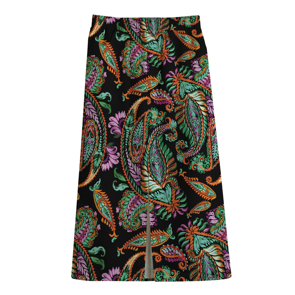 Green Orange And Pink Paisley Print Cotton Front Slit Maxi Skirt