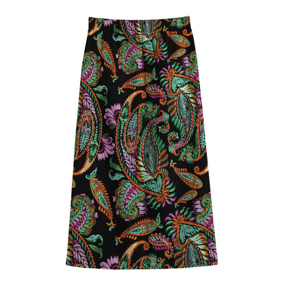Green Orange And Pink Paisley Print Cotton Front Slit Maxi Skirt