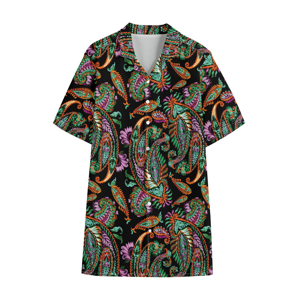 Green Orange And Pink Paisley Print Cotton Hawaiian Shirt