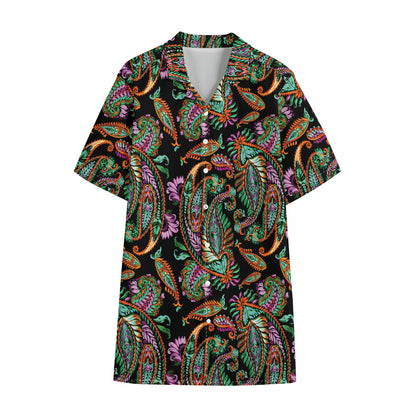 Green Orange And Pink Paisley Print Cotton Hawaiian Shirt